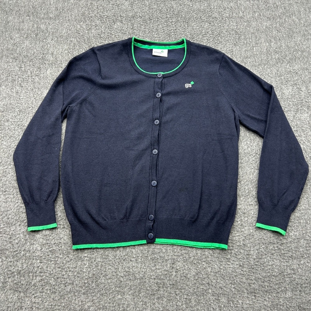 Girl Scouts Cardigan Sweater L Button Front Cotton Blend Long Sleeves Navy Blue